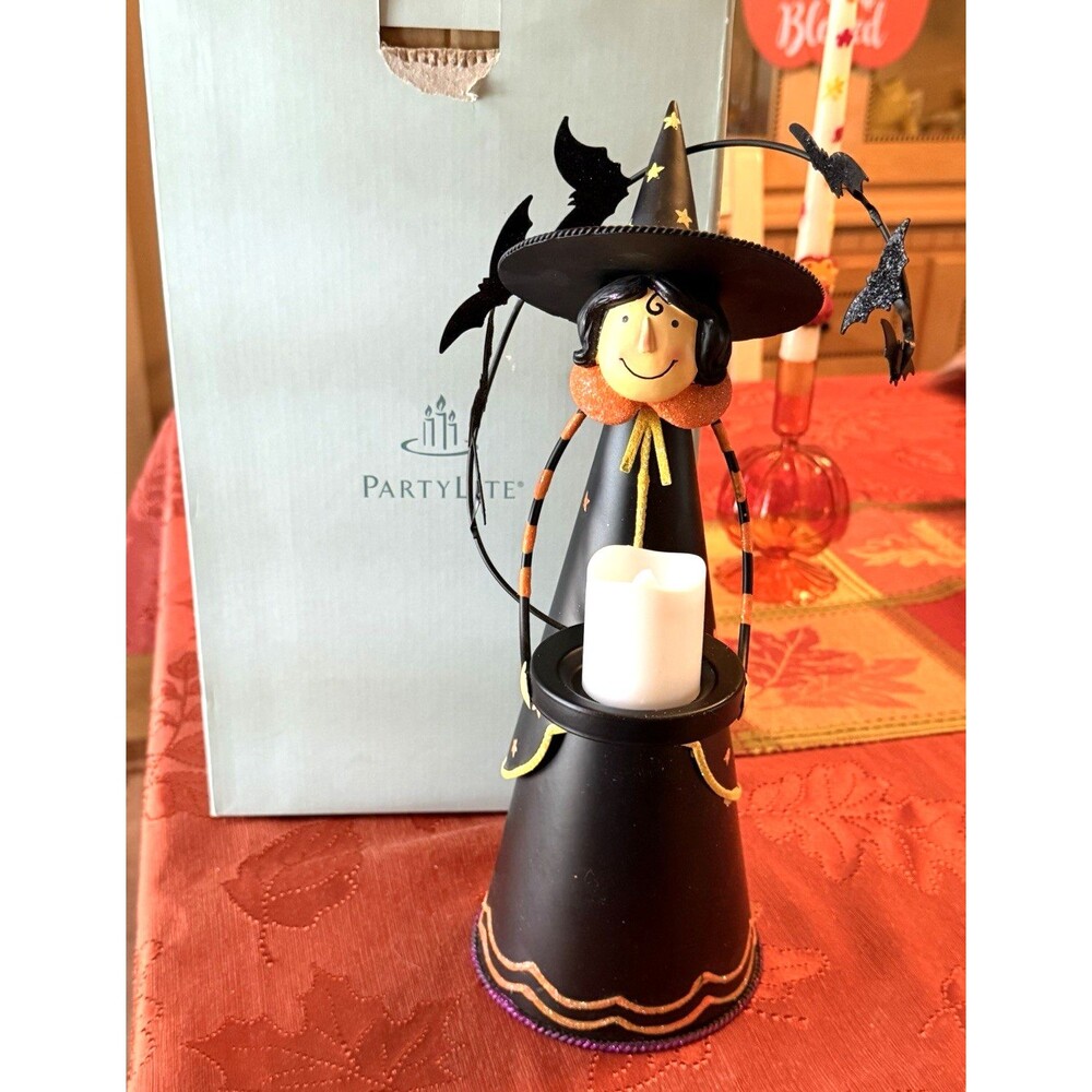 PartyLite Abracadabra Witch Halloween Candle Tealight Holder Glitter Bats W/ Box